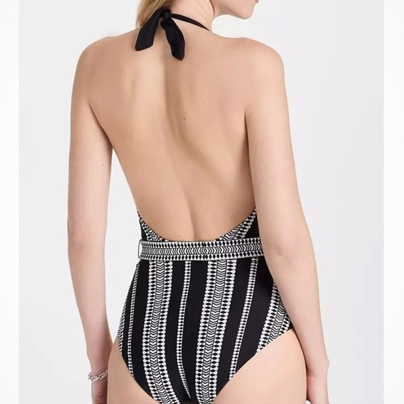 Lemlem x Free People XS Belted Deep-V Black Striped Halter 1Pc Swimsuit Morocco - Picture 11 of 13